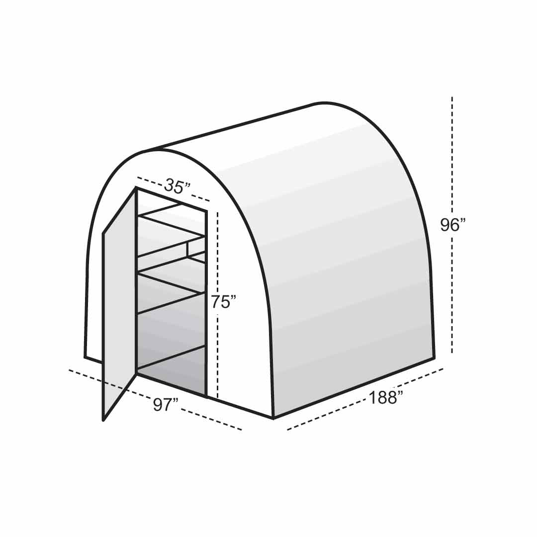 Exterior 3D view of solexx gardeners oasis Home Outdoor Greenhouse with dimension 96"H X 188"L X 97"W