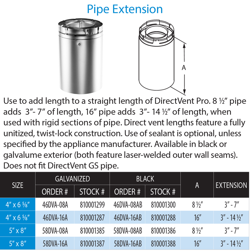 DuraVent 4” x 6 5⁄8” DirectVent Pro 16″ Pipe Extension