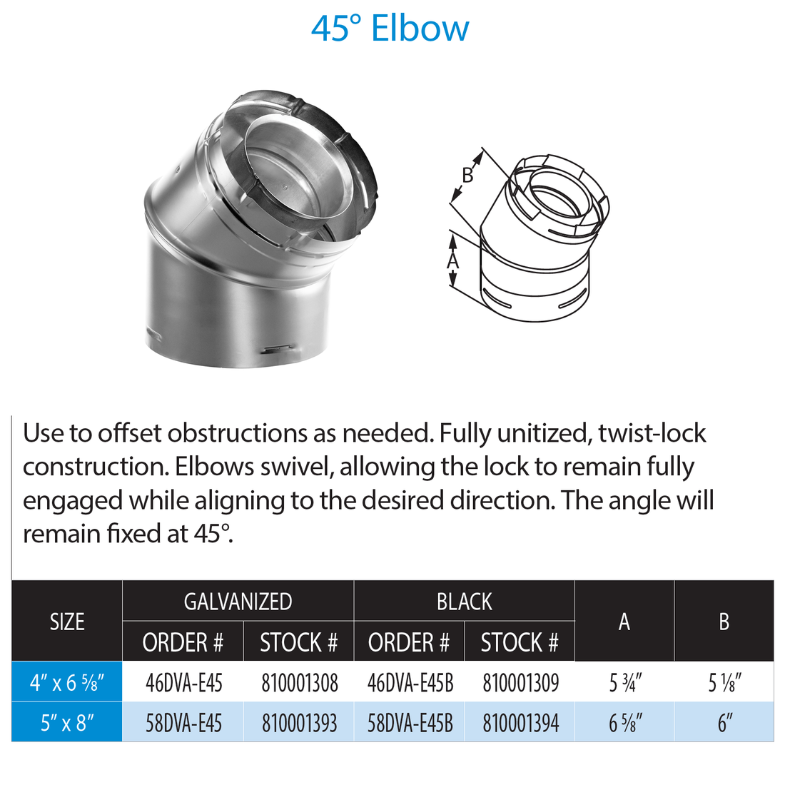 DuraVent 4” x 6 5⁄8” DirectVent Pro 45° Elbow