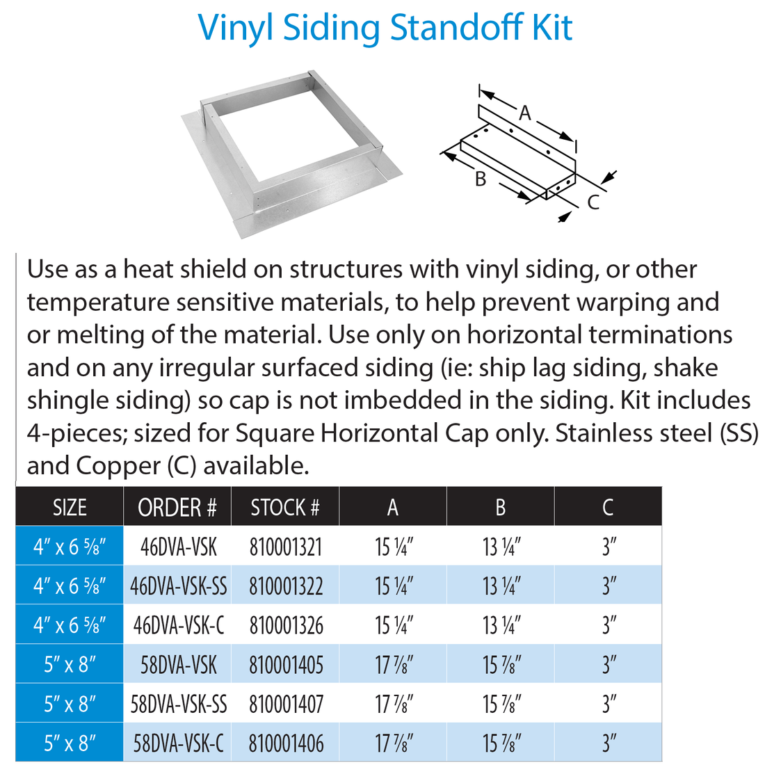 DuraVent 46DVA-VSK-SS 4” x 6 5⁄8” Stainless Steel Vinyl Siding Standoff Kit