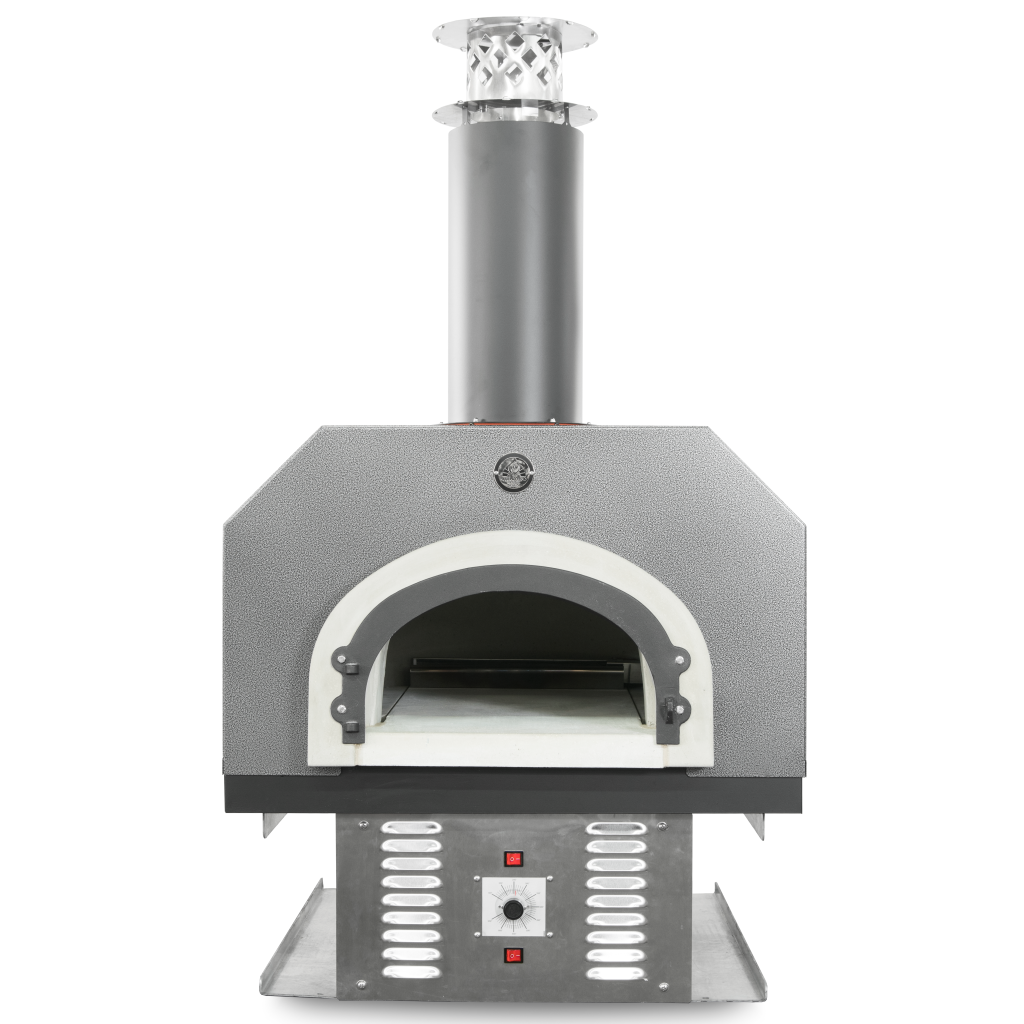 A countertop Chicago Brick Oven 750 Hybrid pizza oven, featuring a silver vein metal exterior and a dark chimney.