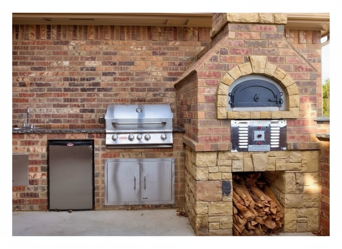 Brick outdoor Wood Gas Hybrid pizza oven with wood storage on a patio outdoor kitchen setup ready to make your perfect outdoor kitchen. CBO 750 Hybrid Pizza Oven, dual fuel pizza oven, outdoor wood fired pizza oven, natural gas pizza oven, DIY pizza oven kit, residential countertop pizza oven, Chicago Brick Oven, backyard pizza oven, outdoor kitchen pizza oven, hybrid pizza oven for home. Alfa Pizza Oven 3 pizze but better made in America  with built in Gas BBQ LPG NG Pizza Oven with Wood Burning option