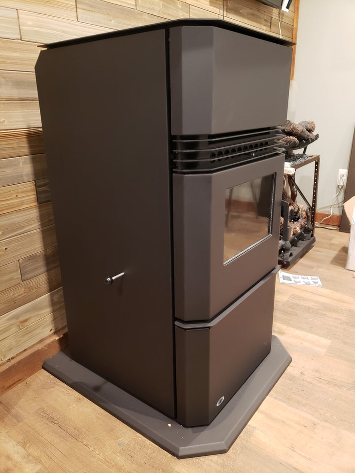 Left side of the highly effecient pellet stove by Hudson. the Kinderhook should qulaify for a tax credit and it is sleek and easy to use