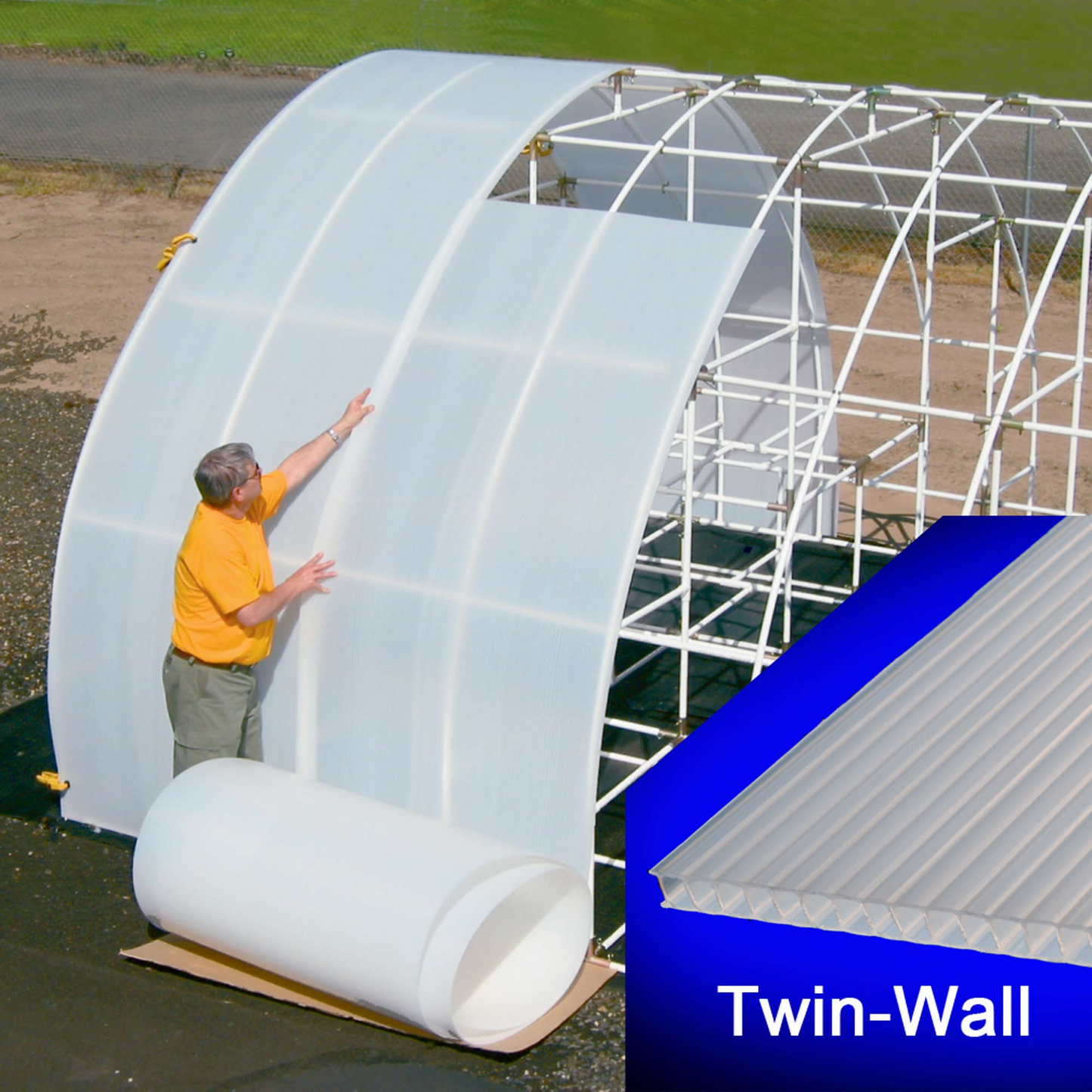A greenhouse covering by a man wearing yellow dress using Solex greenhouse plastic sheeting
