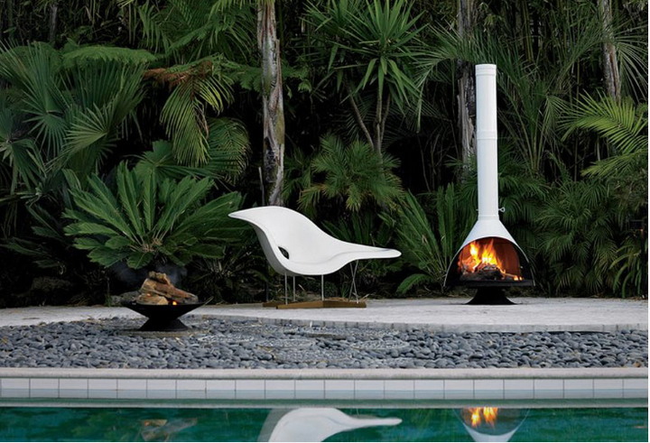 White Mid Century Modern Fireplace is open to be used outside and inside