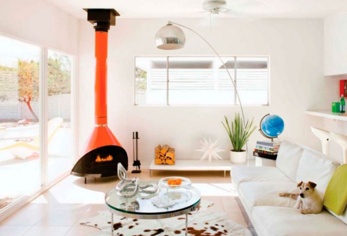 Orange Malm Gas Fireplace White decorations with White couch large lamp and a low couch. Glass Coffee Table