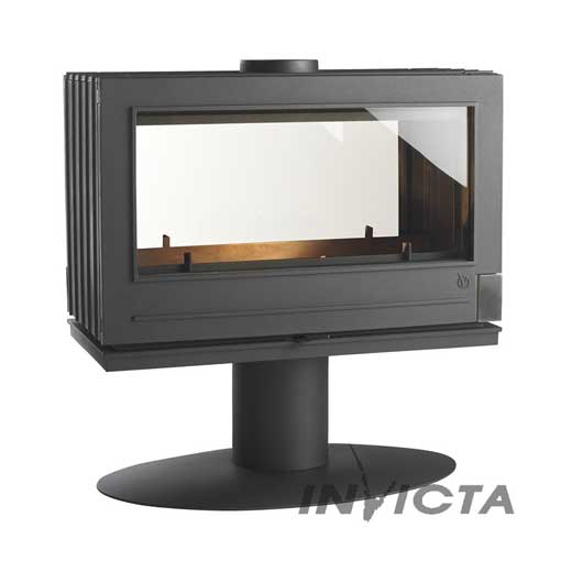 French Made Wood burning Modern Fireplace. This modern fireplace has see through glass panels and massive doors that are the size of the entire wood stove 25" tall and 48" wide