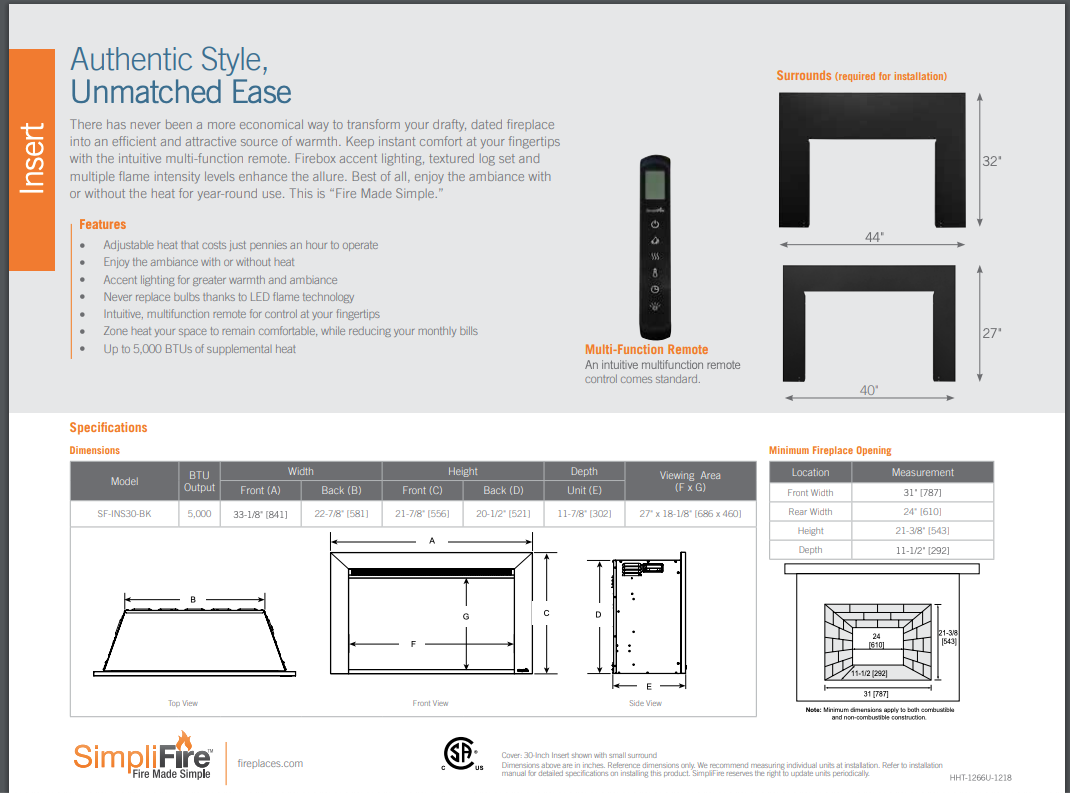 SimpliFire® 30" Electric Fireplace Insert SF-INS30