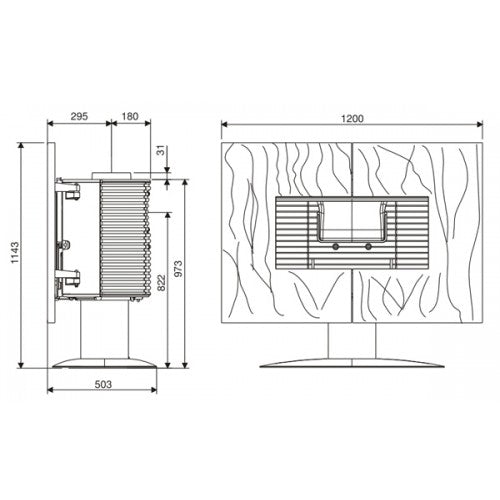 Dimensions in metric for Invicta Clean Burning Wood Stove.