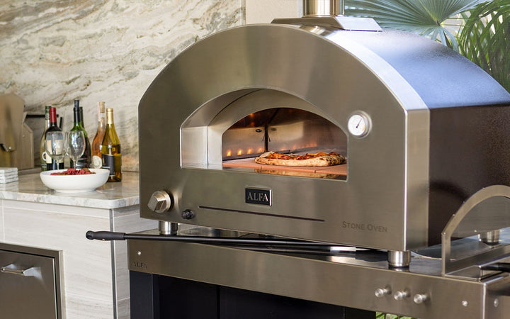 Your Outdoor Kitchen will be complete with this outdoor pizza oven by Alfa the Stone M and L are the top of the line commercial grade pizza ovens with all teh technology and all the class. Stainless steel with Gas and Wood cooking options (hybrid kit must be purchased for wood)
