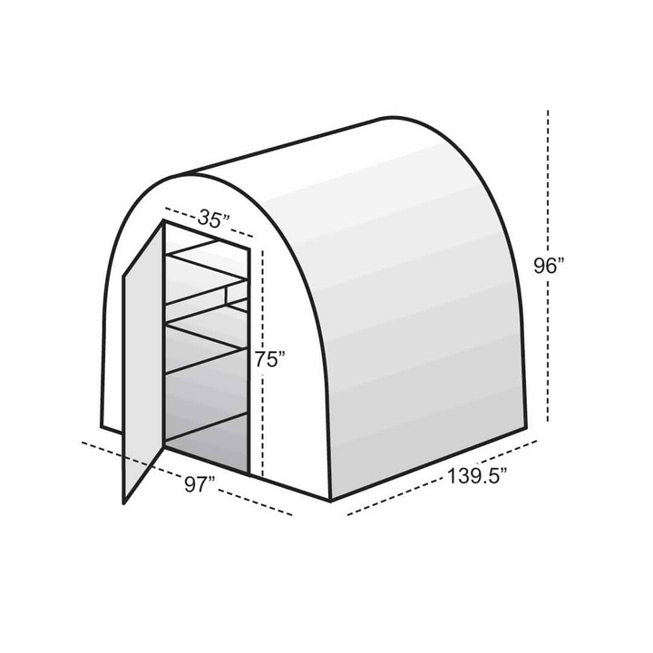 Outside 3D view of 8' X 12' soless gardeners oasis small greenhouse with dimension 96"H X 139.5"L X 97"W