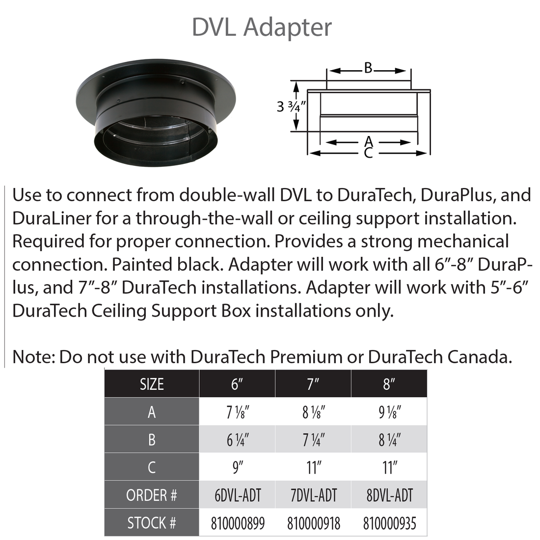 DuraVent DVL/DuraBlack 7 Inch Diameter Black Chimney Adapter/with trim - 7DVL-ADT