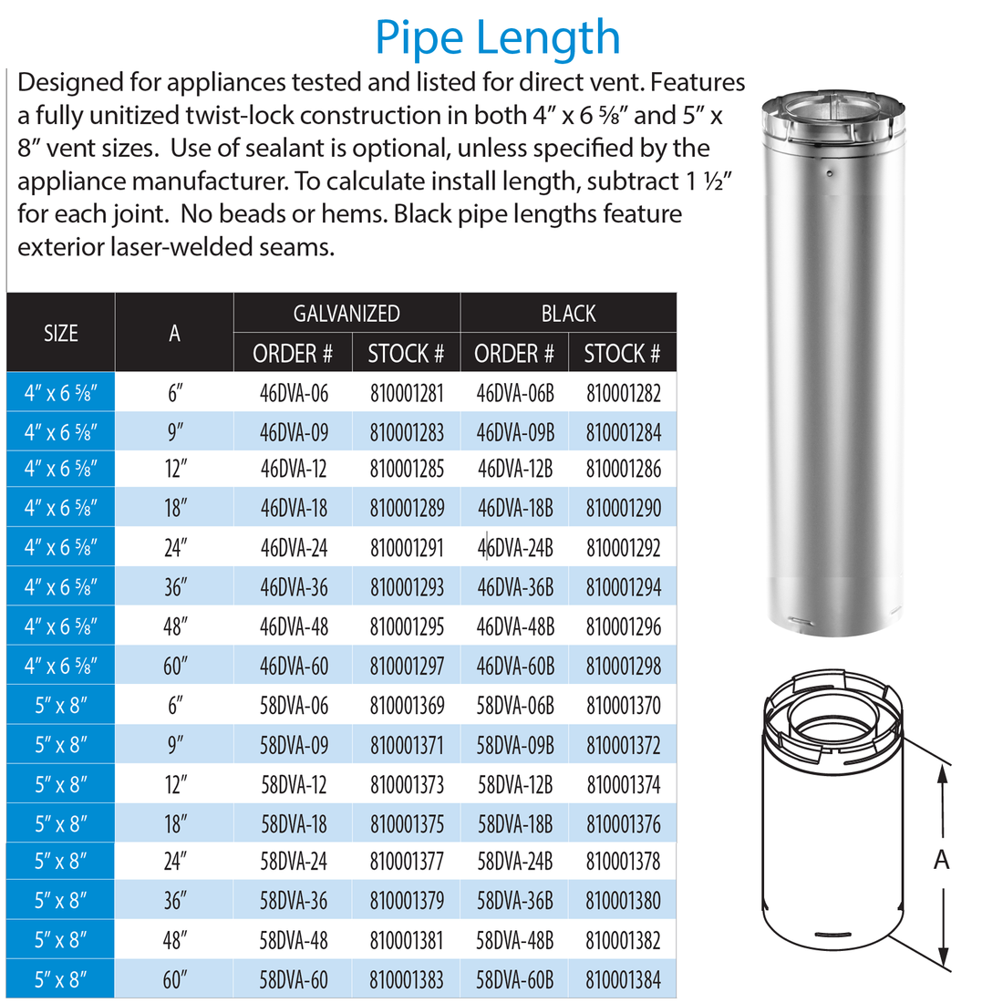 DuraVent 4” x 6 5⁄8” DirectVent Pro 48″ Pipe Length