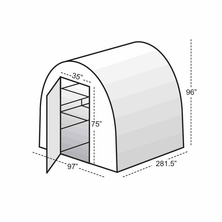 Exterior 3D view of 8' X 24' solexx gardeners oasis outdoor greenhouse with dimension 96"H X 281.5"L X 97"W