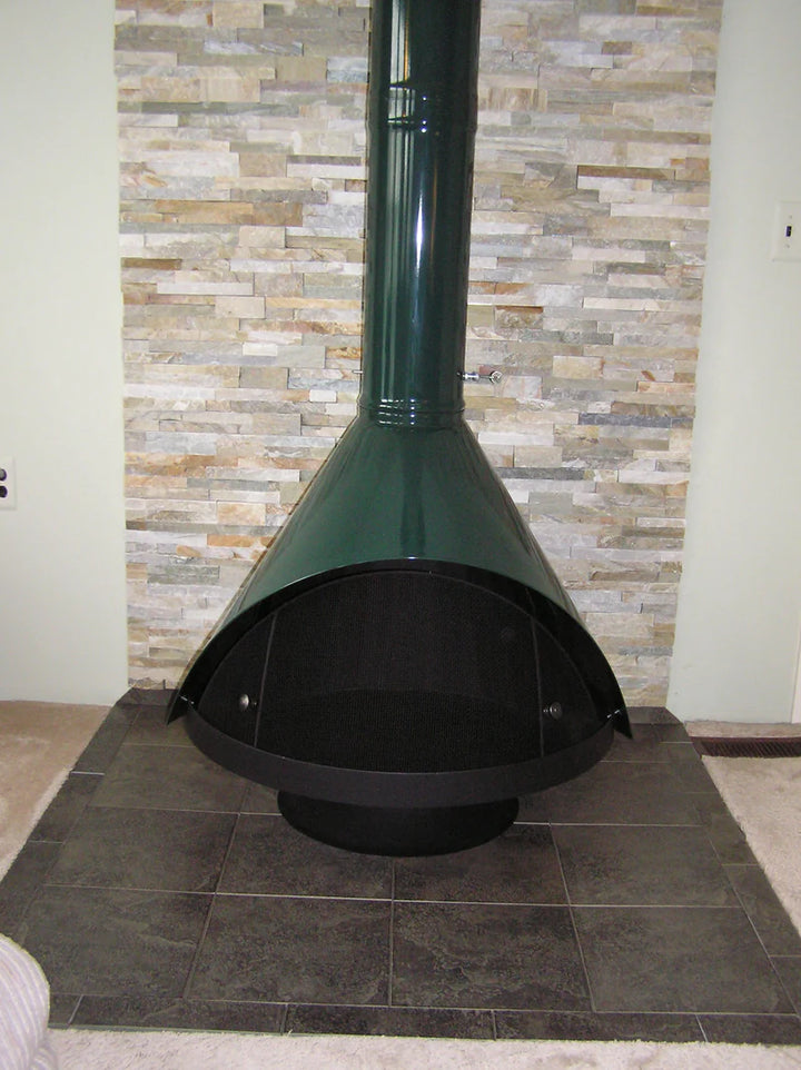 Forest Green 34" MALM Floating Style Cone Zircon MCM fireplace Wood Burning- THIS IS THE EXACT COLOR AND MODEL WE HAVE ORDERED AND READY FOR YOU. This photo is direct from a customer of ours who ordered a Malm Scandinavian Style Zircon from us. They LOVE the floating look without the hassle that the focus fireplace brings and you get the exact color you want