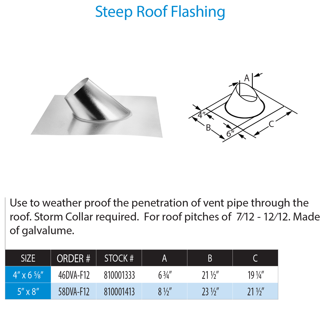 DuraVent 46DVA-F12 4” x 6 5⁄8” DirectVent Pro Steep Roof Flashing 7/12 – 12/12