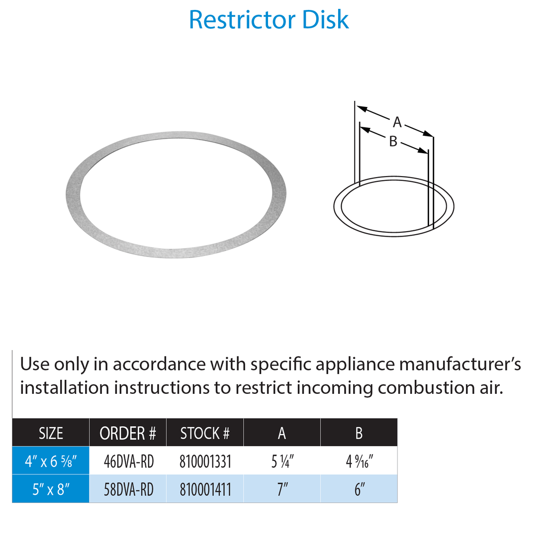 DuraVent 46DVA-RD 4” x 6 5⁄8” DirectVent Pro Restrictor Disk