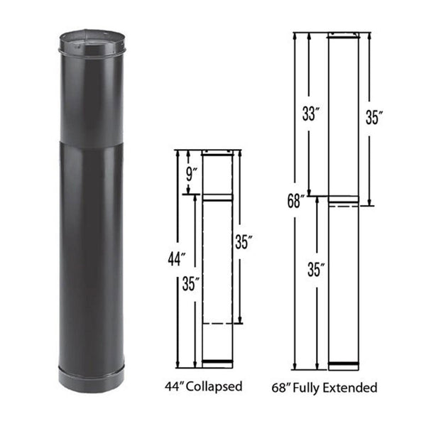 6", 7" or 8"  DuraBlack 44" - 68" Telescoping Adjustable Black Stove Pipe Length - 6DBK-TL flex size pipe for KFD and interior flue