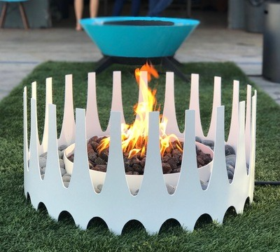 Outdoor View of Natural gas white royalfire outdoor fireplace - modfire