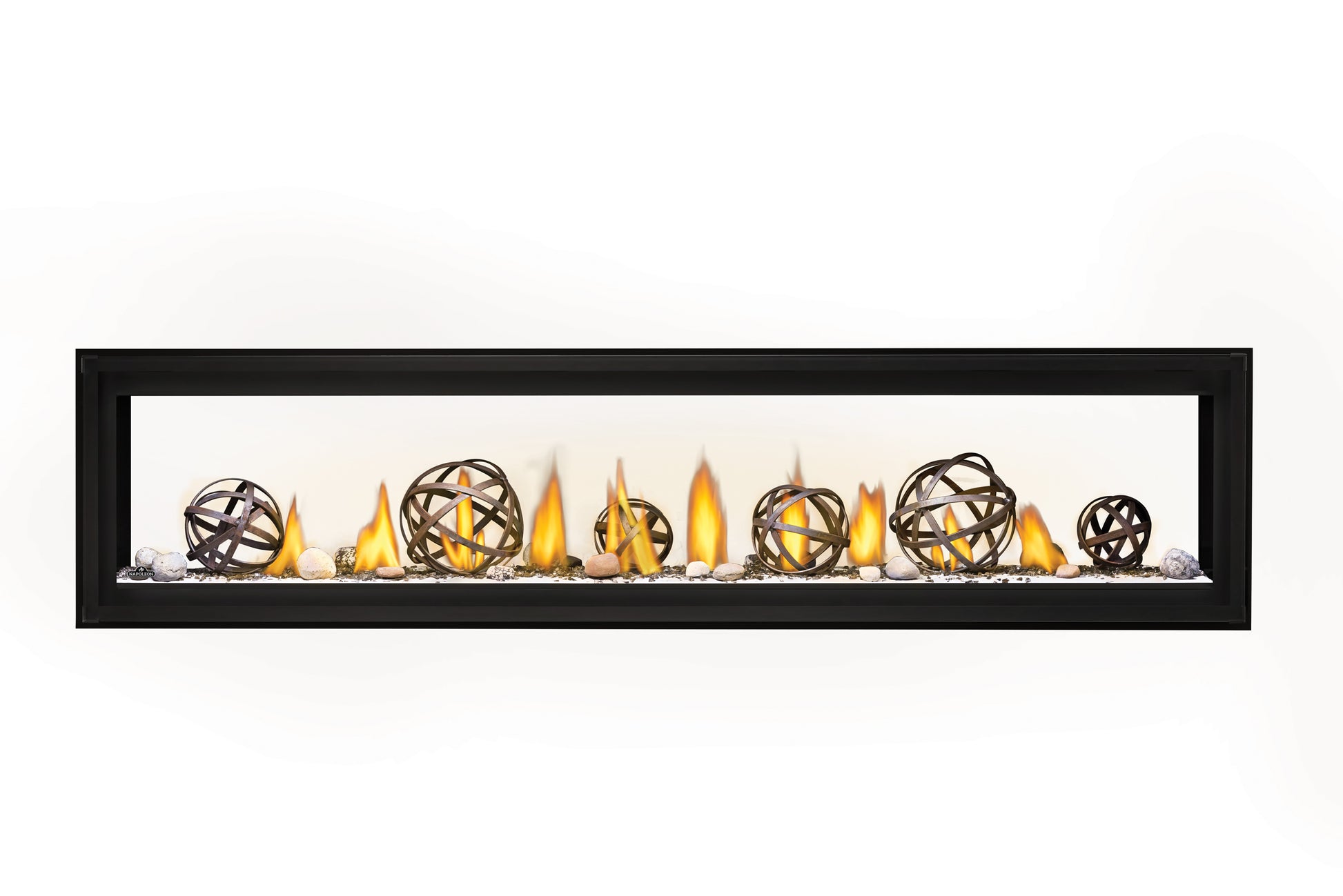 Napoleon's Luxuria 74 See-Through linear gas fireplace provides an unobstructed view of the contemporary linear fire and requires no safety screen. The safe-to-touch, triple-pane Glass Guard system, and Dynamic Heat Control provide safe heating and beautiful views to two rooms at once. Versatile installation opportunities allow for TVs and artwork to safely be displayed above the fireplace while combustible materials are installed flush with the opening. Include premium media options like Nickel Stix, Miner