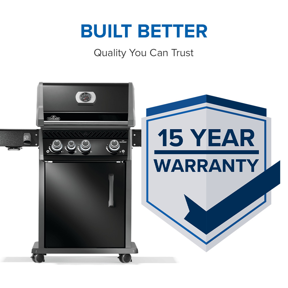 Rogue pro 425 SIB with hinged infrared side burner 15 year Warranty badge