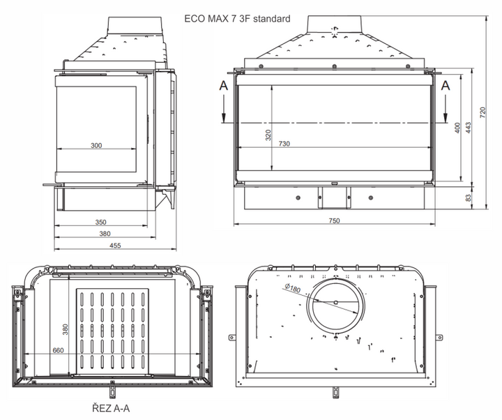 measurments of the fireplace in CM - the flue pipe is 6" standard 