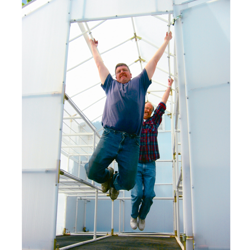 Two men hanging on a hanging rod inside 8' X 12' Garden small greenhouse to show how durable the greenhouse is