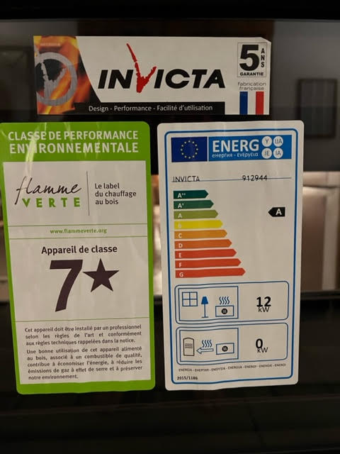 High Energy Ratings for the Invicta Nelson and Aaon double sided glass see through wood burning fireplace. the A rating is approved for install in the US