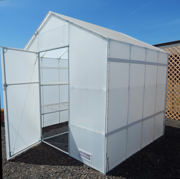 Exterior view of 8'x12' Garden small greenhouse with open closeable door