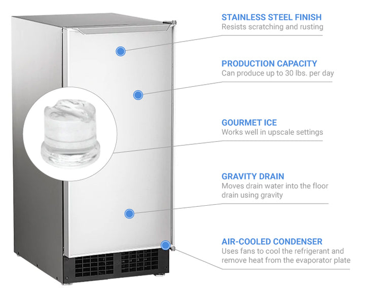Undercounter Ice Machine, Top Hat Ice Machine, 15"W Ice Machine, Ice Machine, Air Cooled, Pump Drain, Gravity Drain