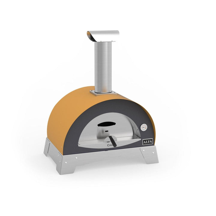 the yellow CIAO outdoor 5 star quality Pizza Oven. Very Similar to the Ooni Pizza Oven this Alfa Ciao is higher quality using thicker walls and a flame rolling system to rotate the heat and smoke evenly throughout