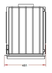 The side width for the Invicta cast iron fireplace is 481 mm ~ 19" wide. the doors you can see are about 1" thick and made with very sturdy latches and a 5 year warranty