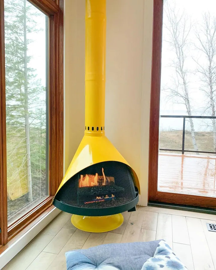 Custom YELLOW Gas fireplace by Malm. These are powder coated in any color you choose from Tiger coatings, made specifically for you, you have the choice of a matching base or black base (same price) 