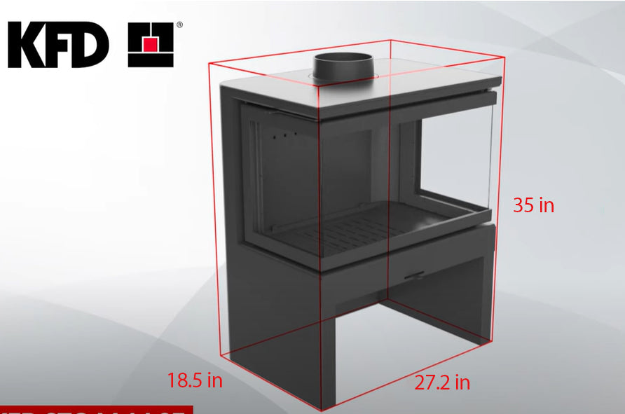 Dimensions of the 3 sided see through fireplace. Fireplace, Kdf, Outdoor Living, Smokey Mountain, Wood Burning Fireplace, Wide Viewing Angle Center of Room Stove with 3 glass panels for maximum viewing angles and open feel. Mid century Modern in cast iron, Indoor room center fireplace