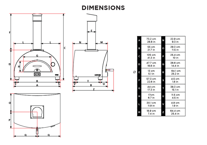 Dimensions for the ALFA NANO PIZZA OVEN 