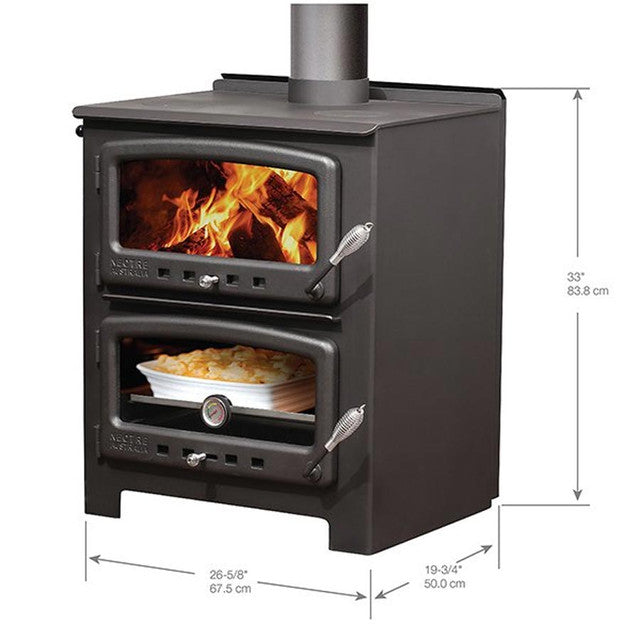 Dimension of the Dimplex Nectre wood stove and wood oven. Efficient cabin vibe Wood burning cast Iron stove modern technology with mid century early century style