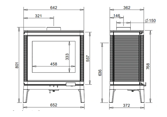 Metric Dimensions for French Imported Wood Burning EPA certified sotve