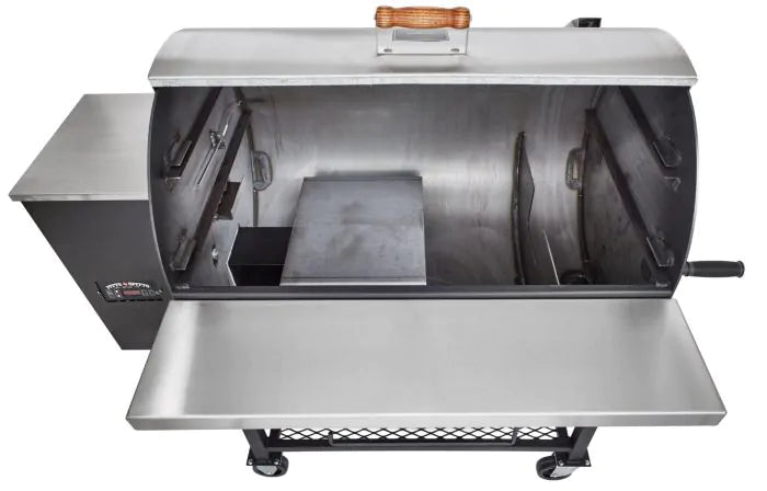 The carbon steel cooking chamber is made of 7 and 10 gauge carbon steel. The Maverick 1250 Pellet Grill with 8-Inch Wheel Upgrade comes standard with our signature 304 stainless steel lid and work shelf. Pellet Grills, Outdoor Living, Pitts and Spitts, Smoky Mountain, Stainless Pellet Grill, Stainless, Maverick