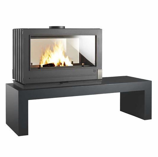 See Through Fireplace with option for a Steel bench made specifically for the French Fireplace. or some use a concrete bench. This See through Mid century modern fireplace is perfect for a cabin or living room that needs to be brightened up. Scandinavian Style modern Free Standing Fireplace. 100% Cast Iron Wood Burning stove one of the only see through clear  Fish Tank Style Firepalces in the US. Made in France these fireplaces are one of a kind