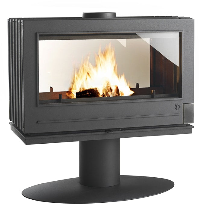 Double sided glass fireplace with see through glass you can have your wood fireplace setup in the center of the room while heating a lot of space. 90,000 BTU center room fireplace is very versatile.  